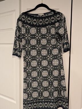 Max Studio Navy Teal Medallion Geometric Boatneck Shift Dress